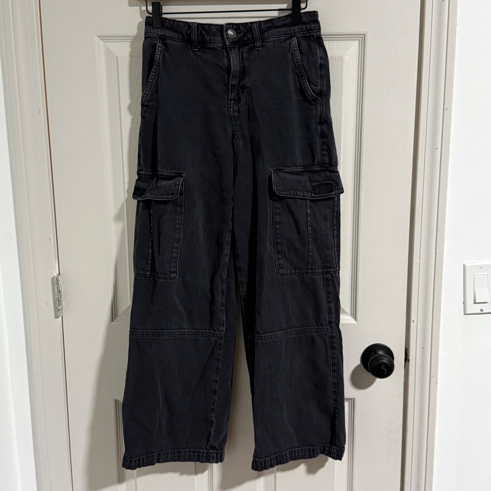 American Eagle Cargo Jeans Women 0 Short Black High Rise Baggy Wide Leg Y2K